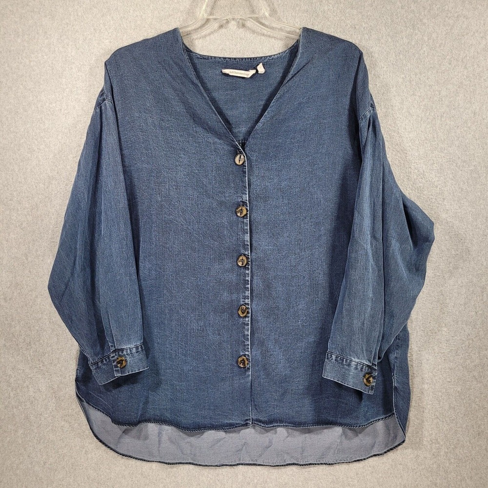 Soft Surroundings Shirt Womens 1X Chambray Blue Big Buttons V Neck Long Sleeve